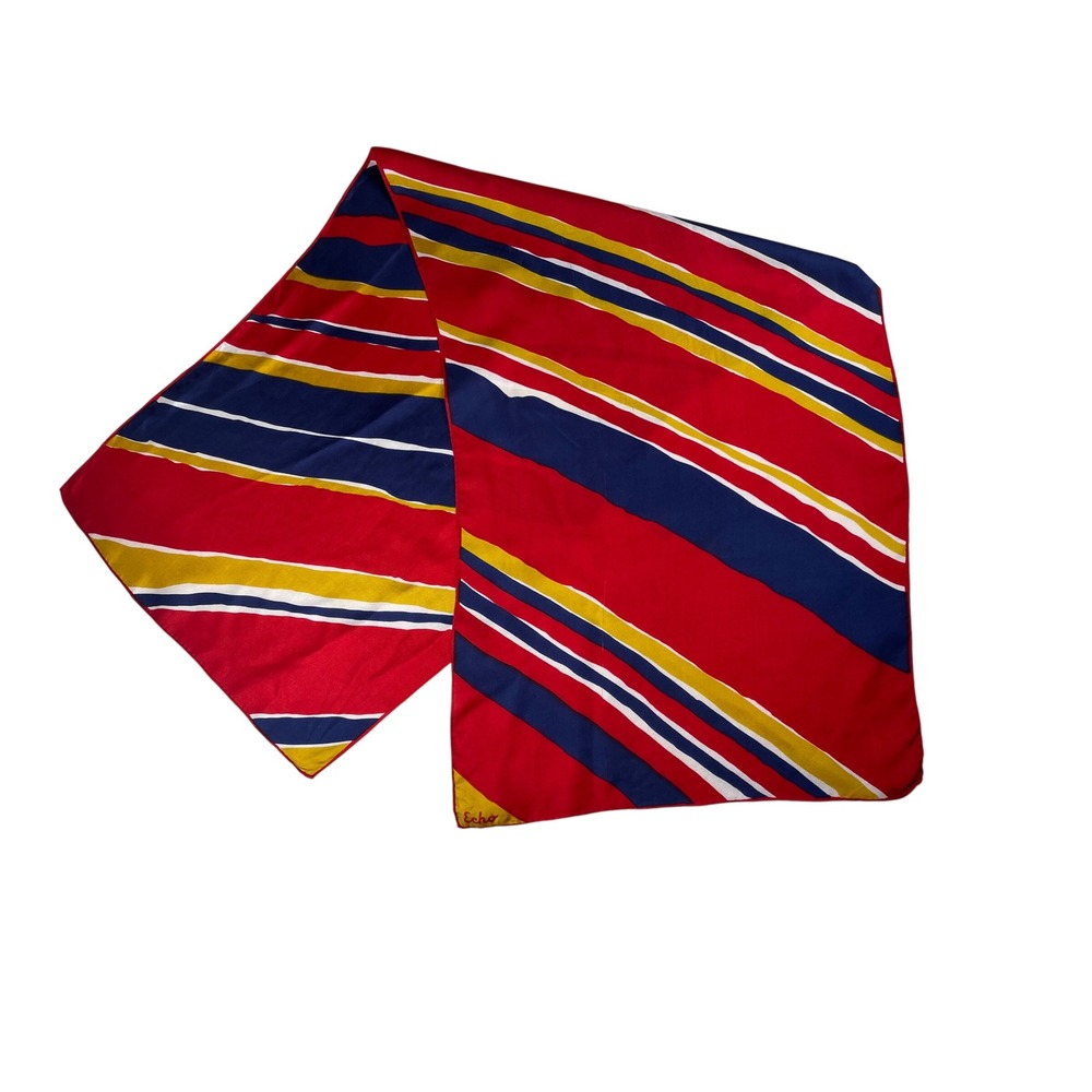 Echo Silk Scarf Red Navy Blue Yellow Striped 45x15 Made in Japan Pure Silk